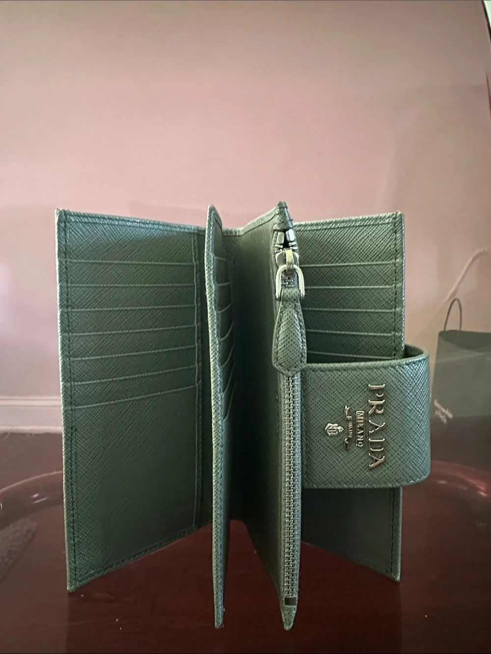 Prada Green Saffiano Card Holder Wallet with Logo Snap